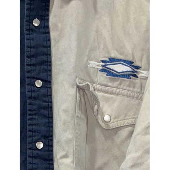 Rustler by Wrangler L Two Tone Western Shirt Blue Cream Panel Button Up Vintage - Picture 2 of 4